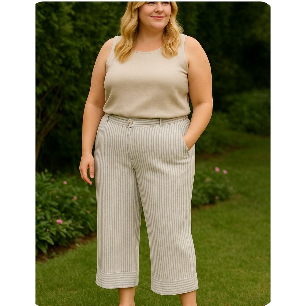 J Jill Wide Leg Linen Pinstripe Cropped Ankle Pants Sz 2X Cream and Denim Blue